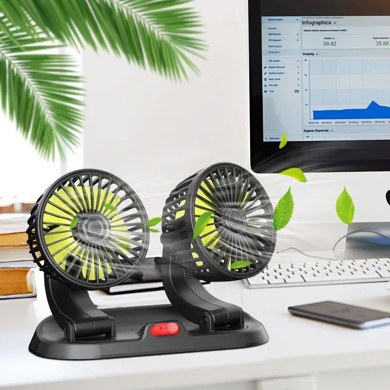 5V Cooling Car Fan Dual Head Usb Car Fan 2 Speeds 360 Adjustable Cooler Air Fan Car Home Desk Office