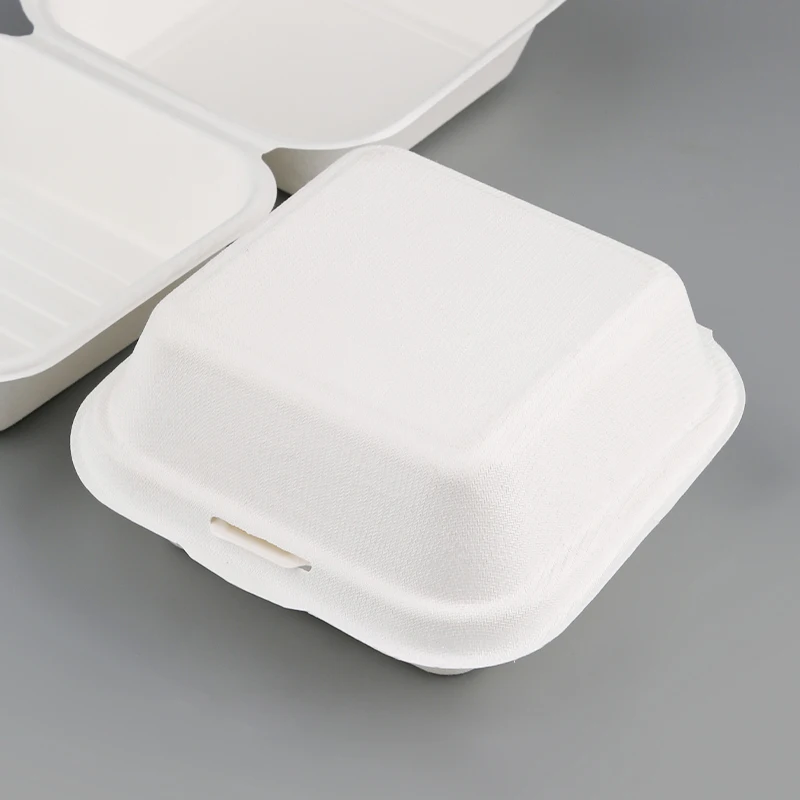 Compostable Eco Fast Food Packaging 6 Inch Flip Top Takeout Paper Container Disposable Bagasse Burger Box