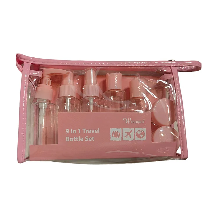 Wholesale Plastic Travel Set Bottle Zipper Bag 9Pieces Set 60ml For Cosmetic Container Lotion Spray Flip Cap Bottle Jar Reusable