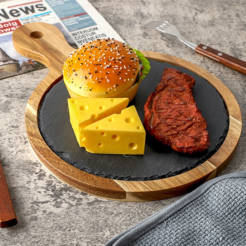 2024 Source factory kitchenware cutting board natural stone slate wood food tray hotel restaurant wooden serving