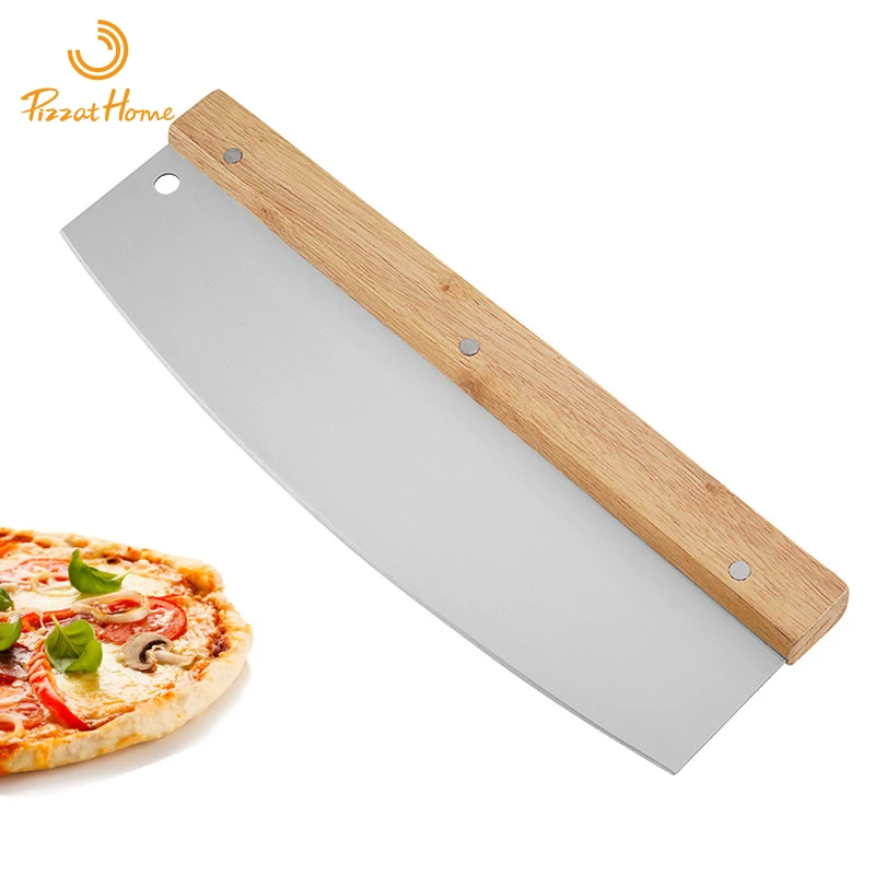 Stainless Steel Wooden Handle Scimitar Baking Tool Wooden Handle Half Moon Pizza  Bread Swing Knife Flour Knife Pizza Cutter