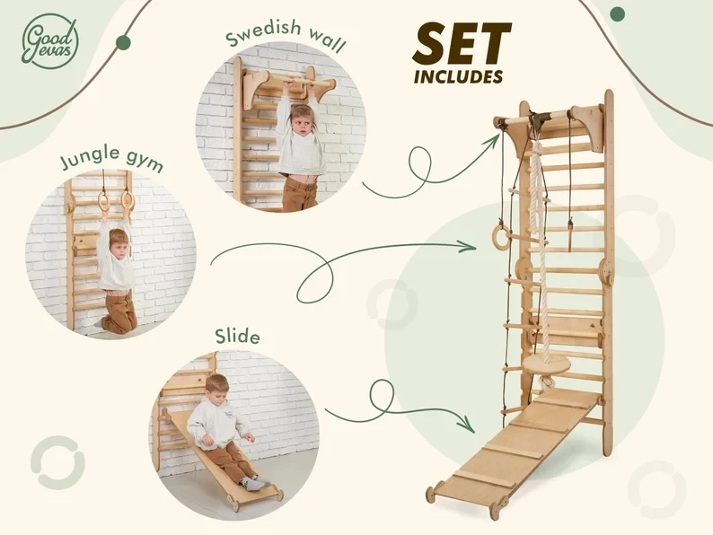 202406 Toddler Playground Gift for kids Swedish Ladder Montessori   Play gym climber Climbing wall Toddler climbing gym