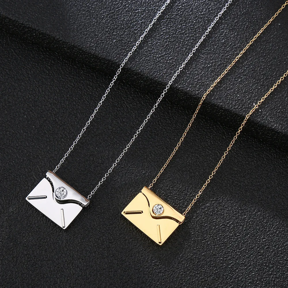 Europe Trendy Design Envelope Stainless Steel Open Necklace with Photo Inside Locket Pendant DIY Crystal