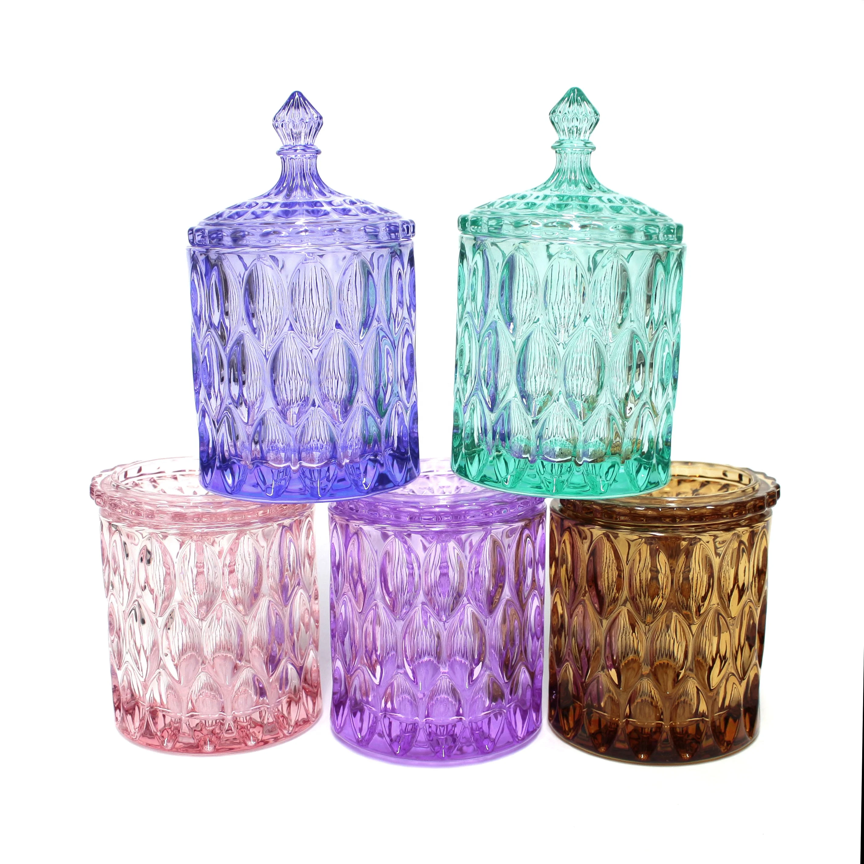 LANGXU high quality cylindrical short large capacity pink purple green candy jar with glass lid for food storage candy