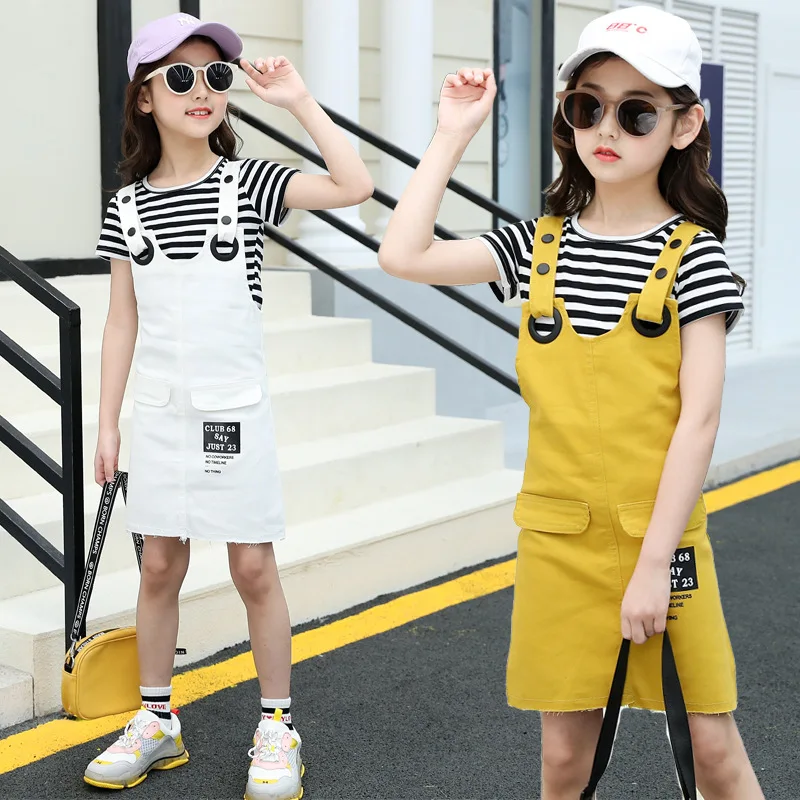 2024 Summer New Model Children Clothes Cotton Breathable T-shirt And Suspender Skirt Casual Clothes Set For Girls