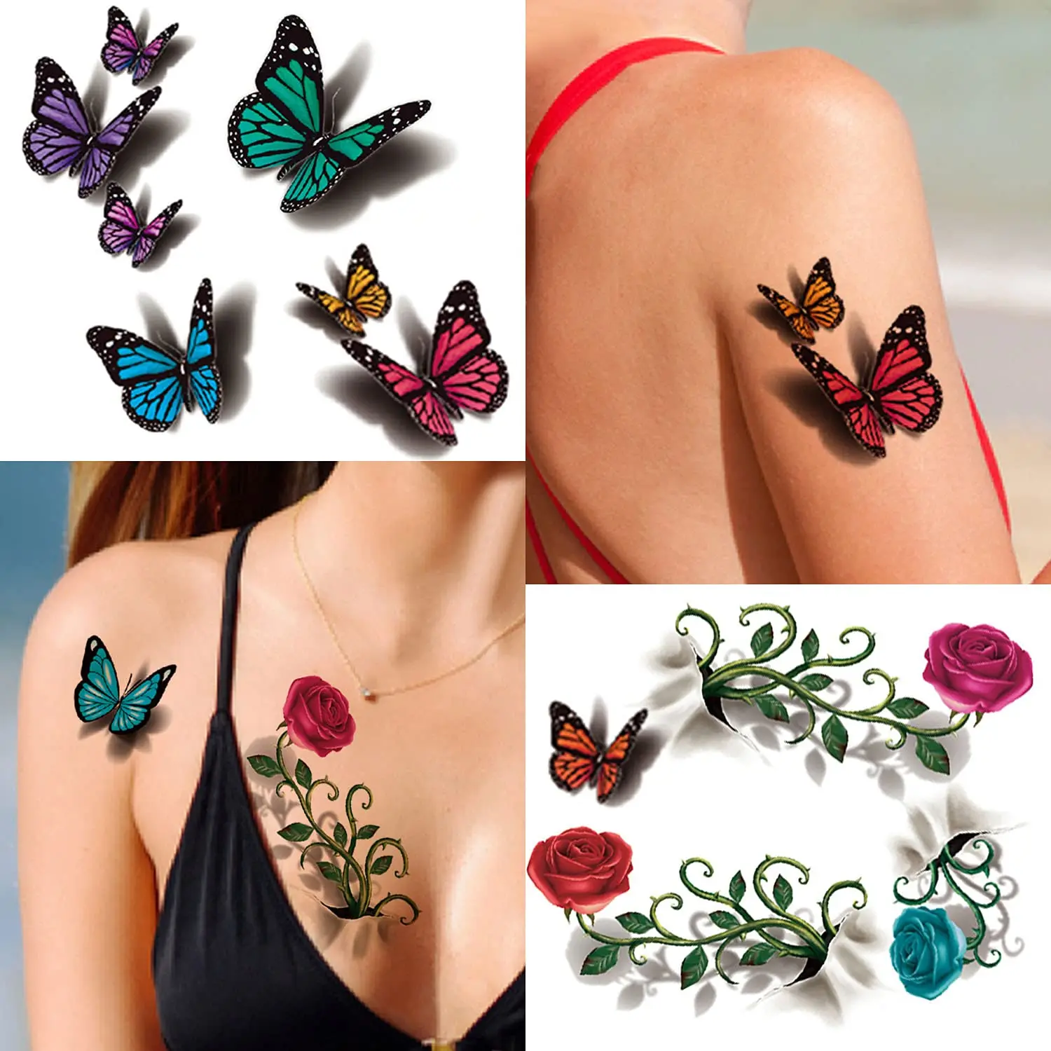 Butterfly Face Tattoo Kids 3D Removable Waterproof Temporary Butterfly Flower Tattoo Stickers Temporary Tattoos