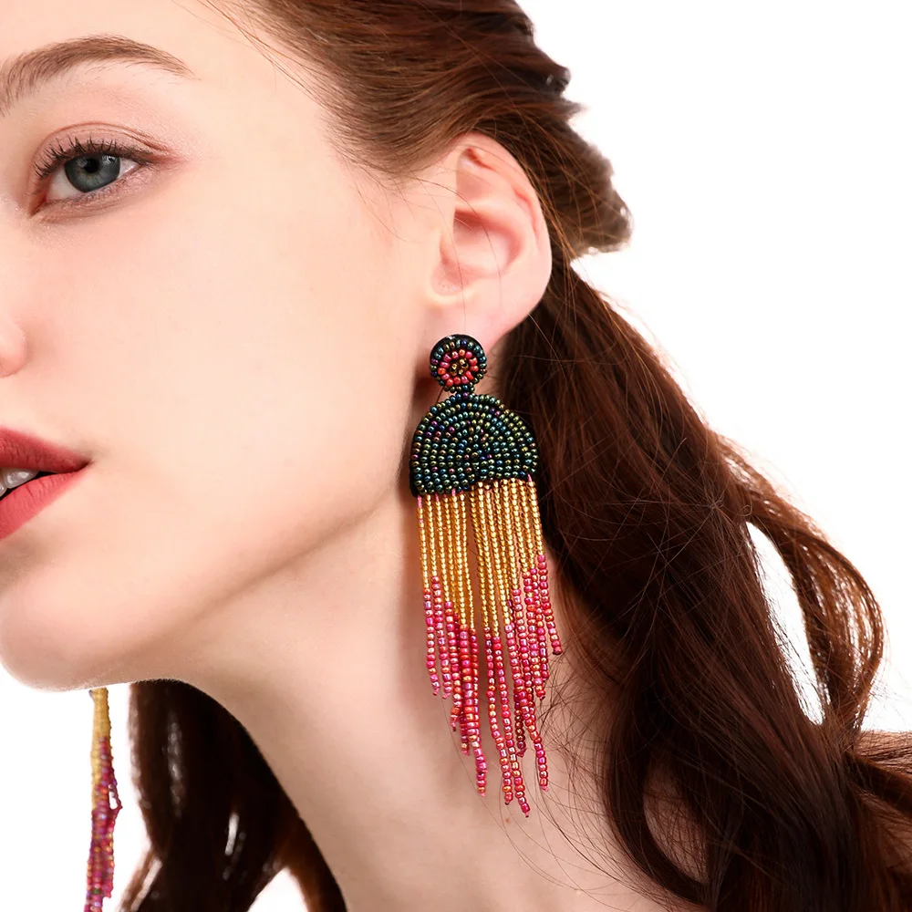 2024 2022 Native American Handmade Bohemia Jewelry Stainless Steel Miyuki Seed Beads Tassel Dangle Hoop Earring Set for Women