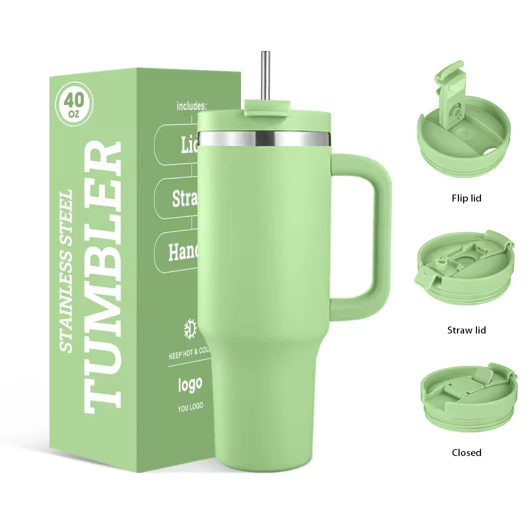 2024 Custom Logo Stainless Steel Insulated Mugs Travel Adventurer 40 oz Tumbler with Straw and Handle