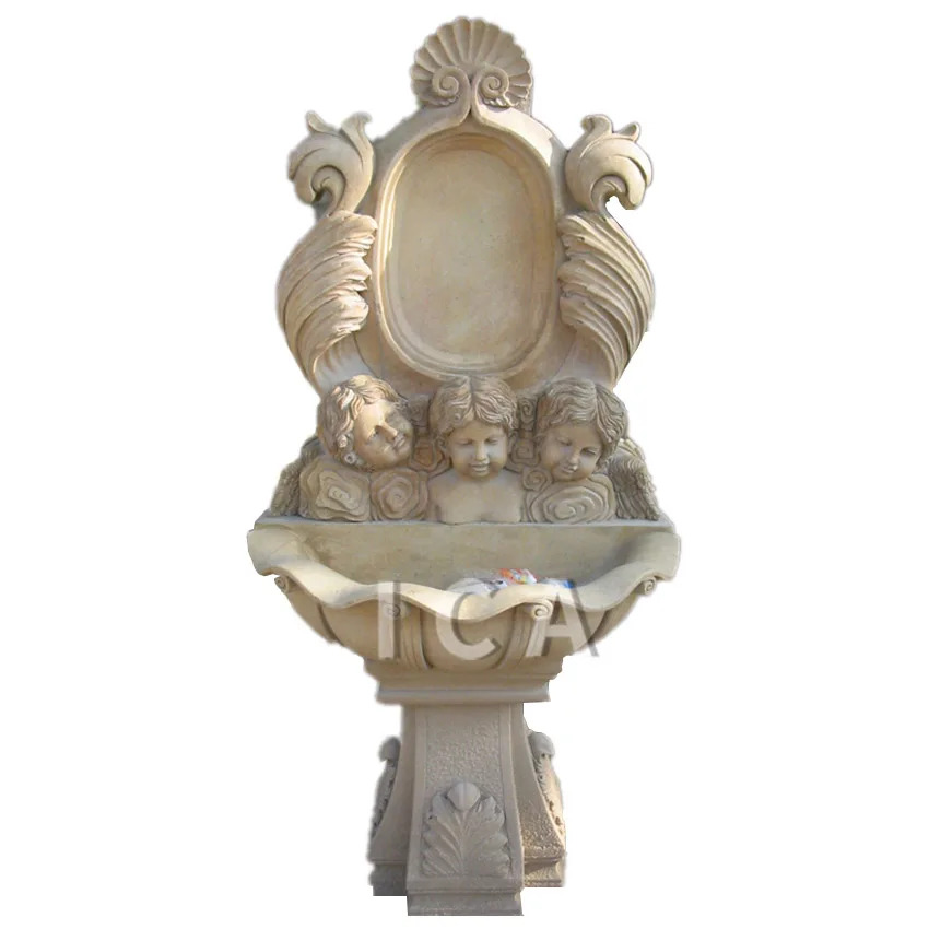 High quality hand carved yellow marble wall fountain with woman and boy statue for outdoor and indoor decorative