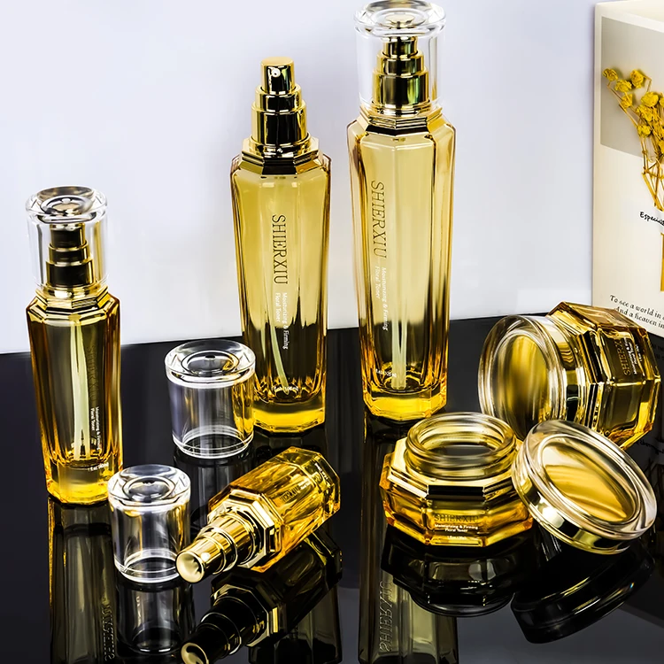 Custom cosmetic flat gold brown purple toner lotion glass jar cosmetic package bottle skincare cosmetic packaging