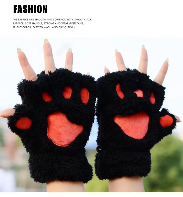 2021 Fashion Ladies  Winter Cute Mitten Soft Half Finger Gloves Warm Paw Cat Claw Plush Fingerless Gloves