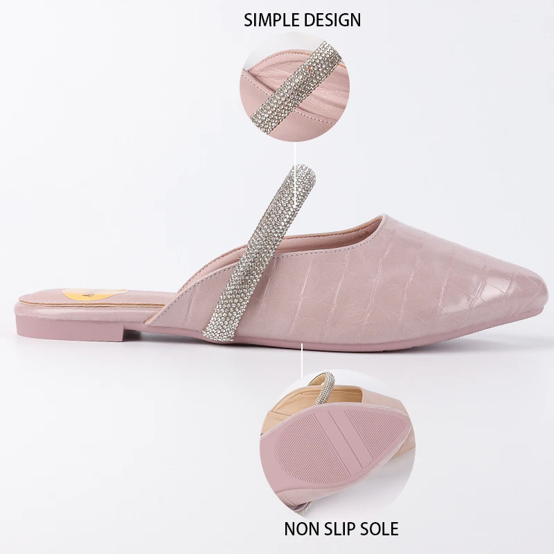 Latest Rhinestone Chain Hollow Out Mules Women Ballet Flats Half Shoes Comfortable Casual Pointy Toe Leather Slipper Close Shoes