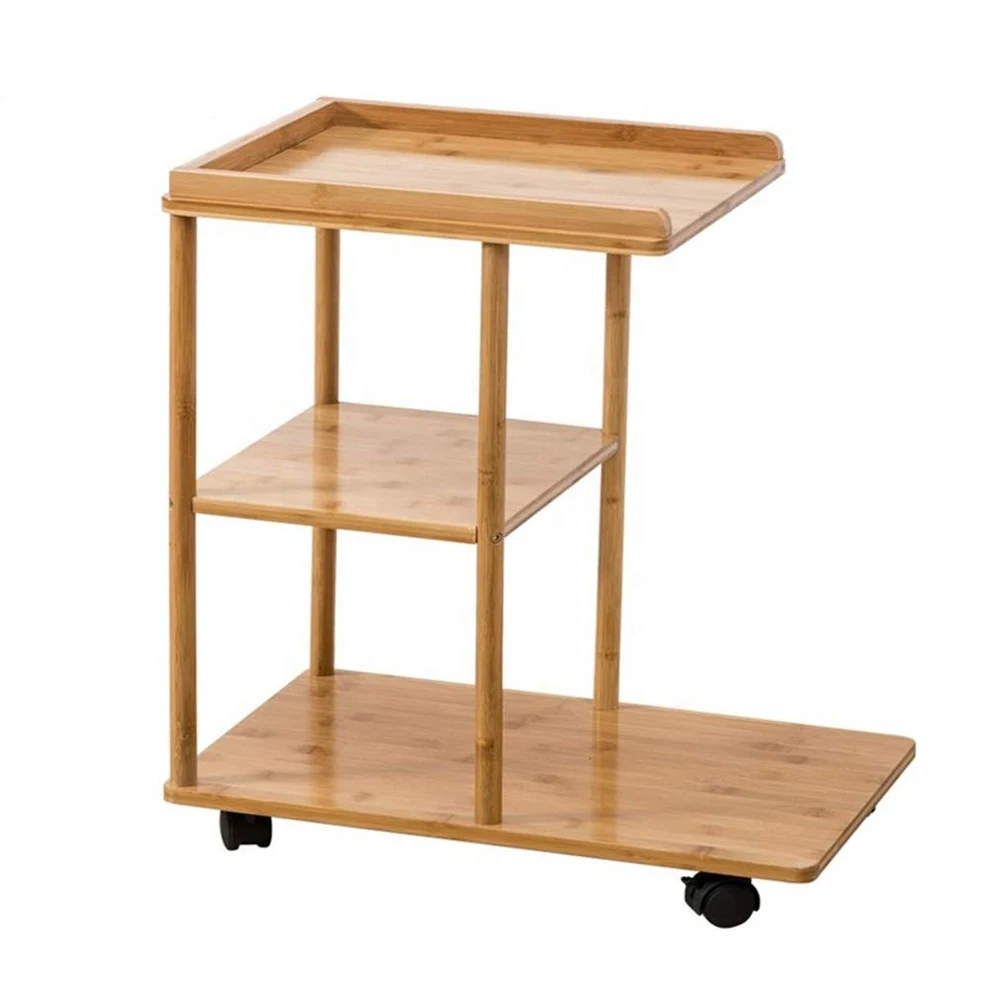 Modern Bamboo Rolling Sofa Side Table Mobile Snack Coffee Tray End Table With Wheels For Living Room Bedroom Small Spaces