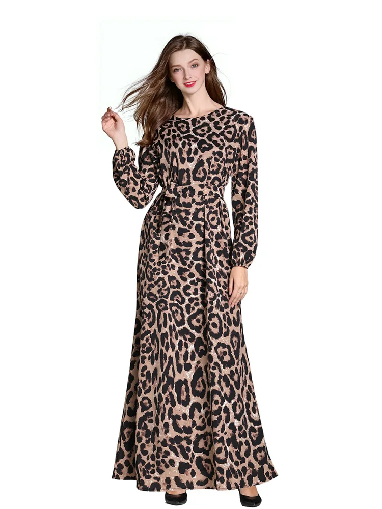 
KEYIDI Islamic Dubai Muslim Women Leopard long Dress With Belt 