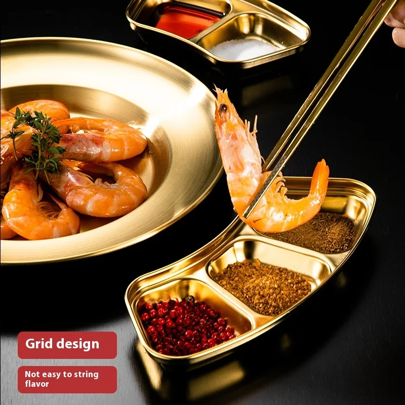 Stainless Steel 304 Hot Pot Condiment Dish Korean Flavor 1 2 3 Compartment Barbecue Tableware Fan-Shaped Sauce Creative Hotel