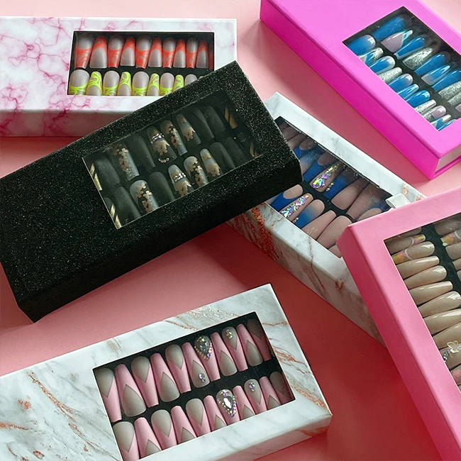 Naixi Nails with White French Tip Nails Manicure False Stick on Nails Lovely Heart Pearl Factory Middle Ballerina Coffin Pink