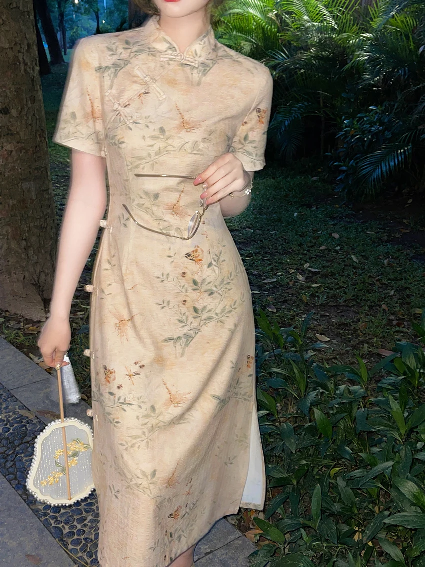 Waist collection chiffon cheongsam women ladies dress sleeved printed cheongsam cheap price chinese traditional dresses qipao