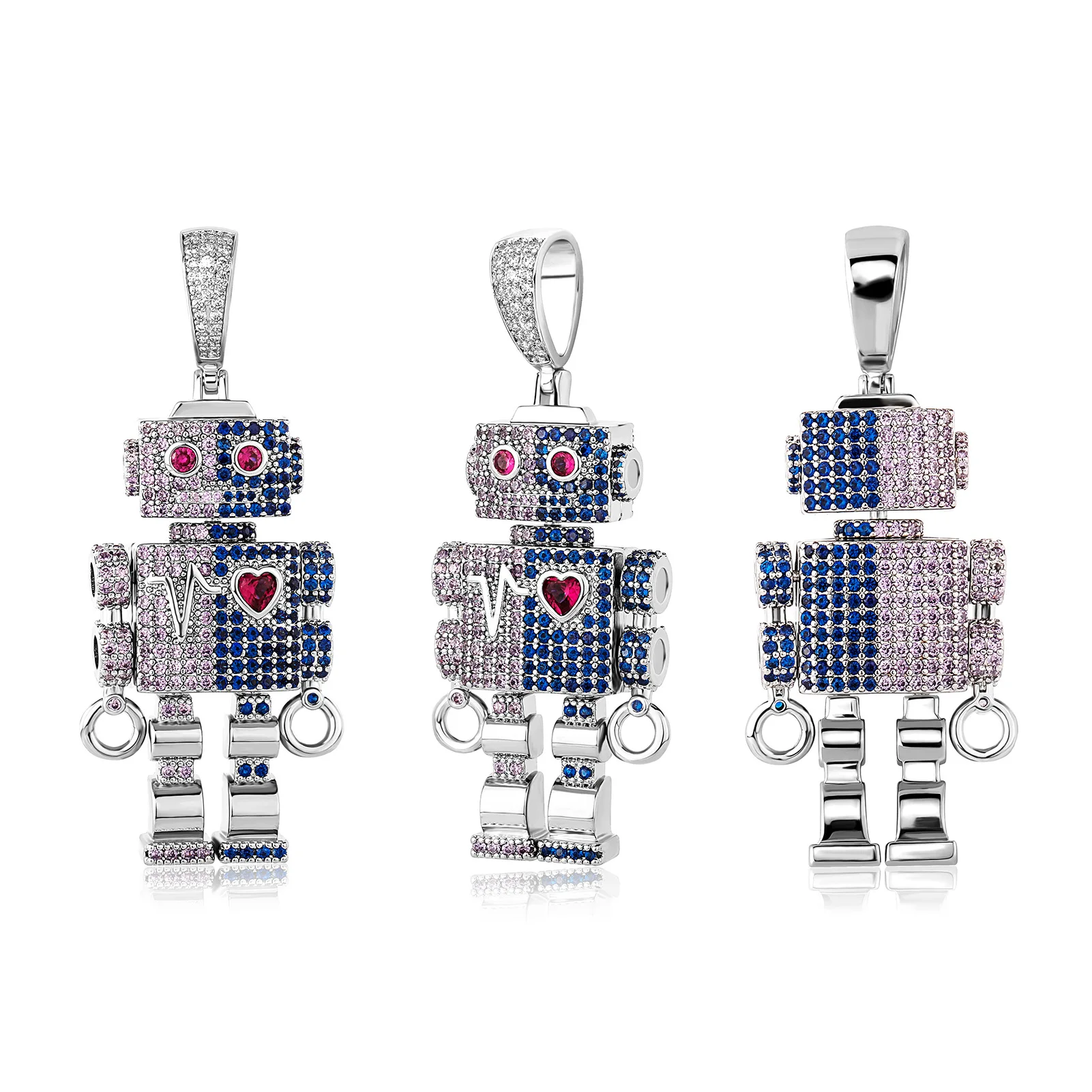 Hip hop heartbeat line Love double sided full zirconium robot pendant necklace for men Fashion  jewelry personalized  necklace