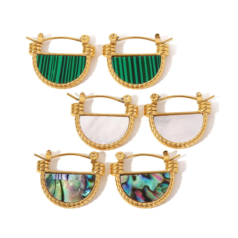 Trendy vintage stainless steel hoop abalone shells white fritillaria green malachite fan-shaped pendant earrings earrings