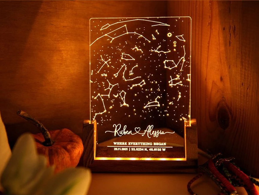 Hot sale LED Etsy 3d creatives acrylic note board rewrirable Gift Home decor night light starmap with Wooden Base usb power Lamp