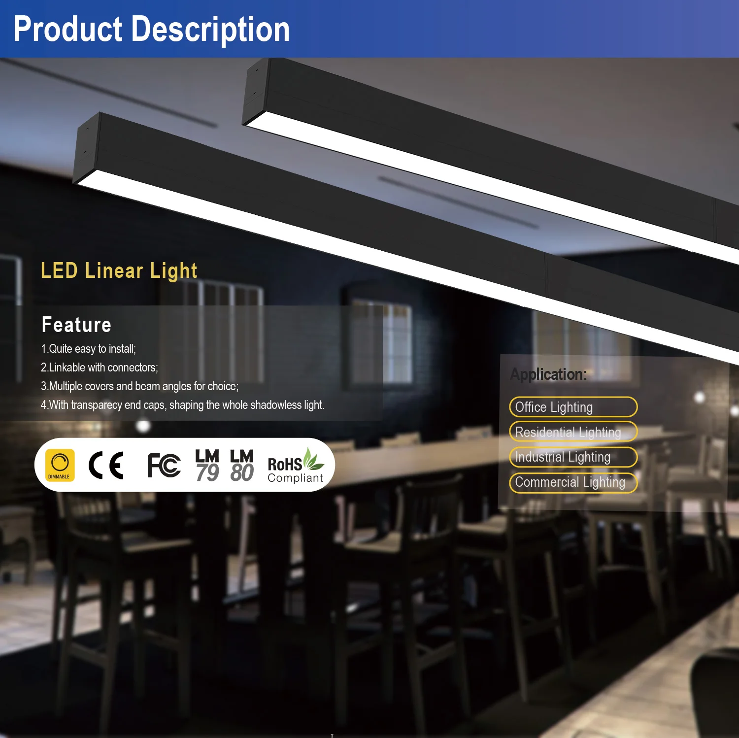 High quality led linear light Interior Lightning Suspended Led Pendant for Office High Luminous Efficiency 40W 4ft