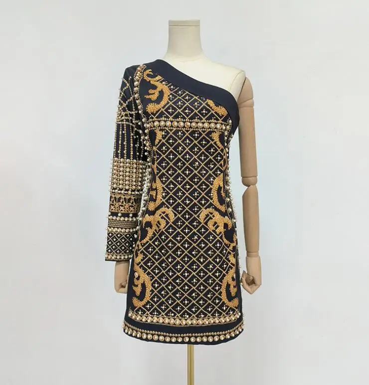 New Fashion STOCK Unique Pearl Design One Shoulder Long Sleeve Women Mini Lady Party Club Casual Street Bodycon Dress