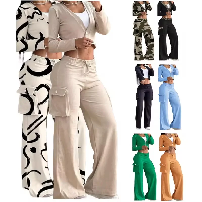 2024 New Fashion Women Clothing Patchwork Wide Leg Pants Long Sleeve Short Top Outfits For Women Pants Set