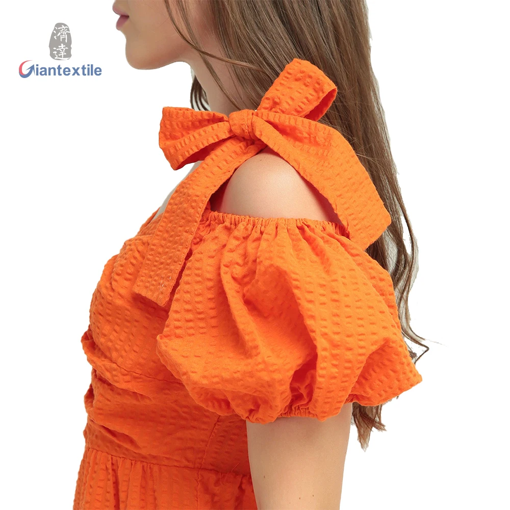 Giantextile New design Seersucker Fabric Ladies Dress Casual Orange Dyed Skirts For Women Summer Wear