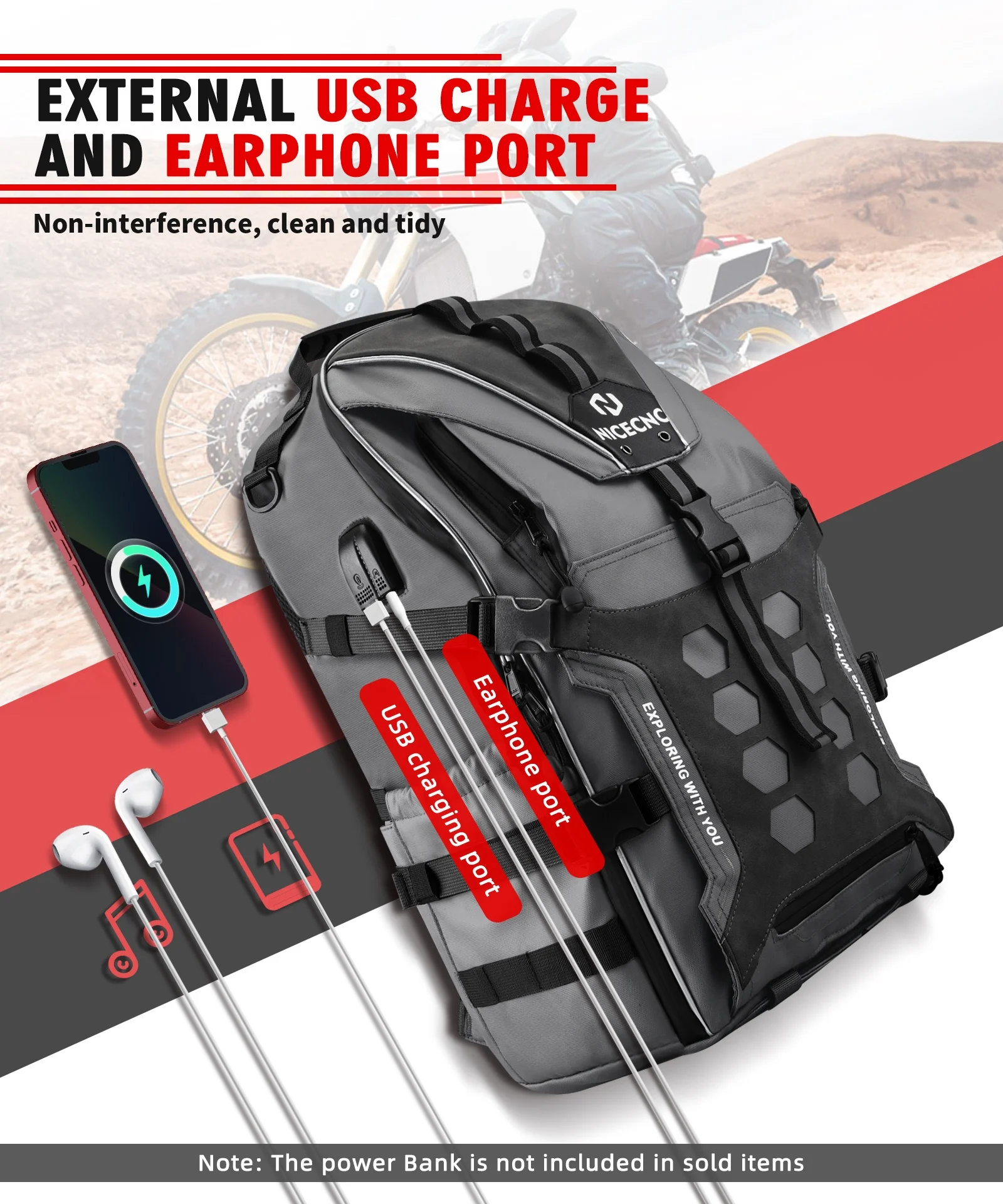 NiceCNC 35L Large Capacity Motorcycle Backpack Helmet Luggage Bag with USB-charge Port