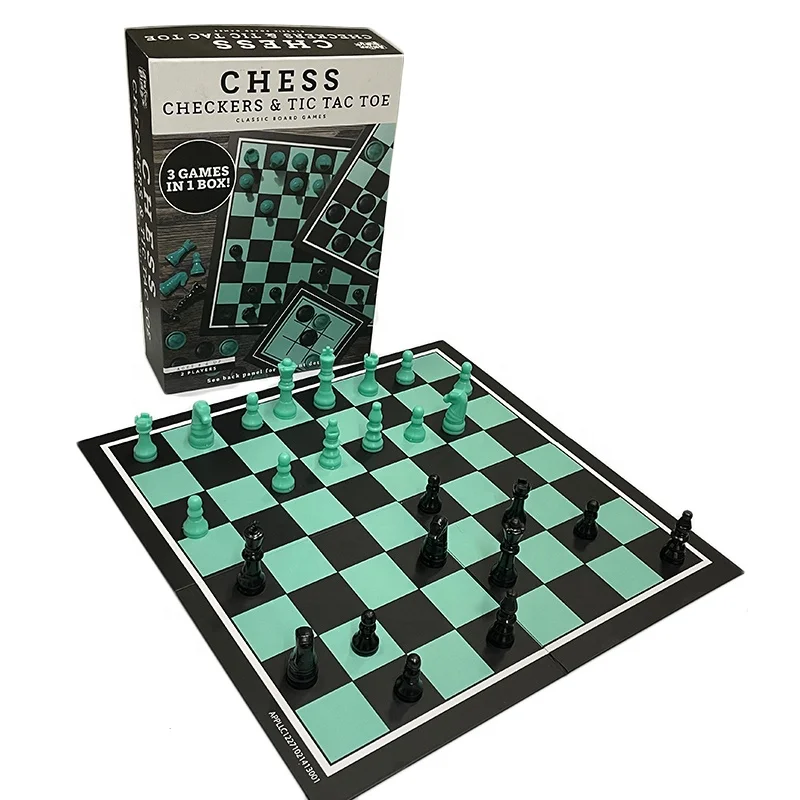 custom design cheap wholesale 3 in 1 box chess board game set educational toy interactive kids family checkers board game