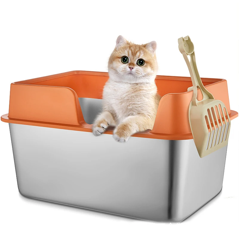 Extra Large Metal Litter Box High Sided Easy Clean  Anti-Leakage  Non-Sticky OdorsStainless Steel Cat Litter Box with Lid