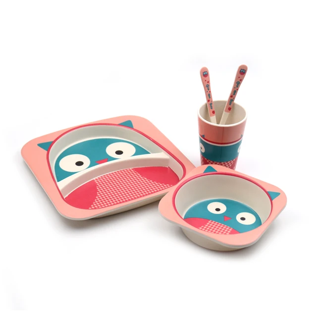 5pcs/set Baby Bamboo Bowl Spoon Fork Feeding Tableware Set Cartoon Animal Bee Kid Dishes Feeding Bowl Dinner Plate