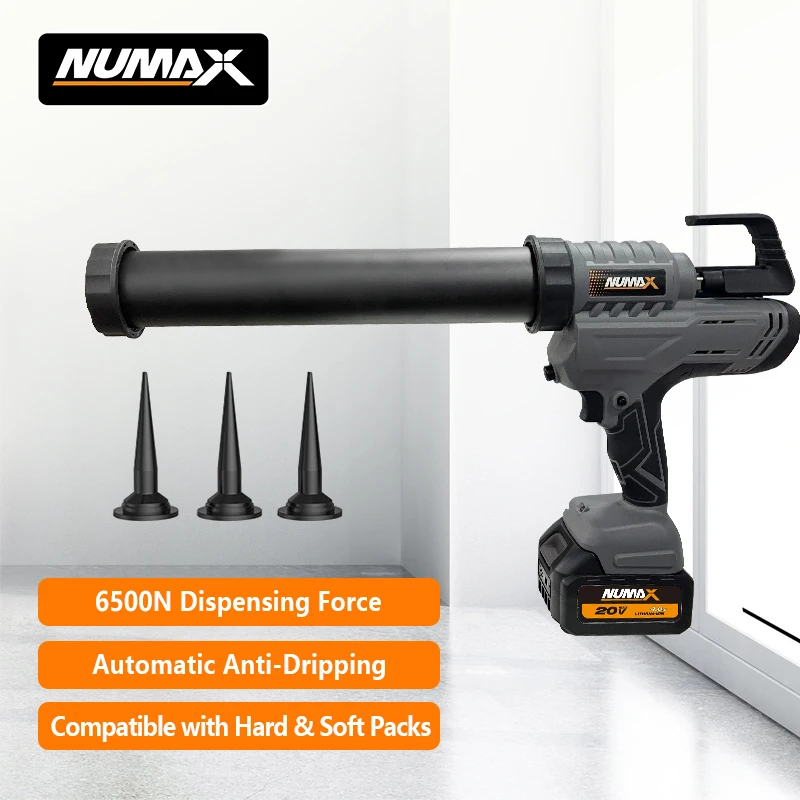 Numax 6500N Anti-Drip Heavy Duty 300ML 600ML Silicone Cartridge Plastic Sausage Manufacturer Cordless Battery Power Caulking Gun