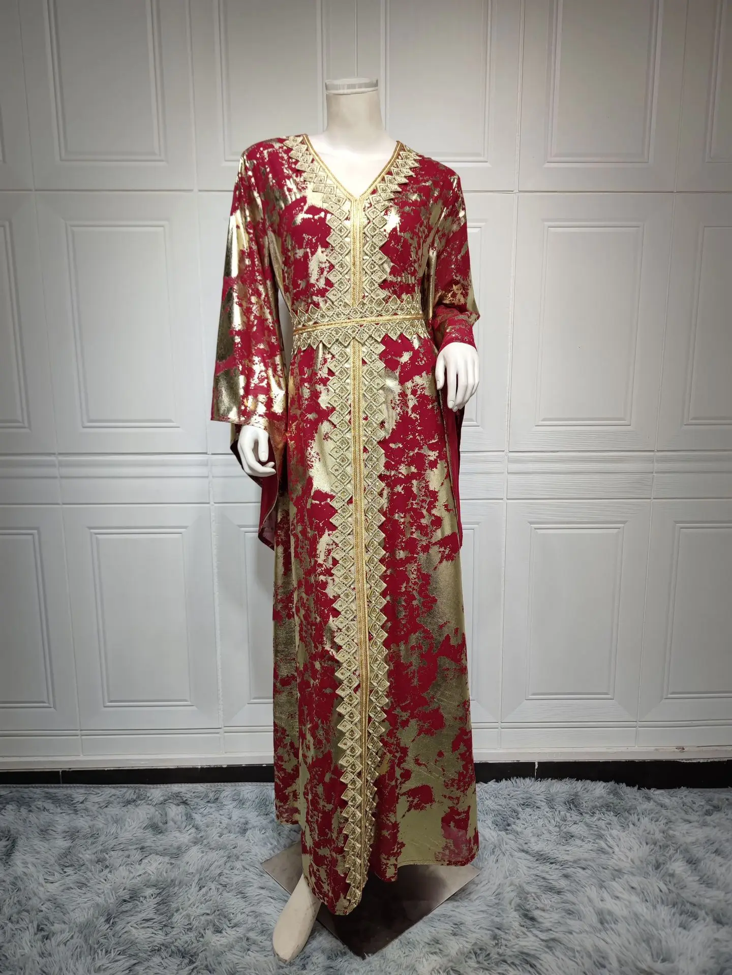 Custom Ramadan Abaya Dubai Kaftan Muslim Dress Chiffon Bronzing Robe Kaftan Woman Evening Dress with belt