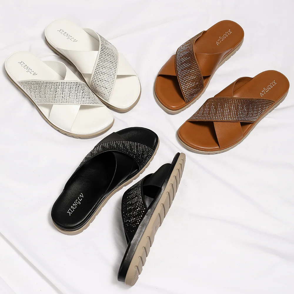 Rhinestone glitter sandals summer new women flat slippers comfortable leather design style ladies shoes