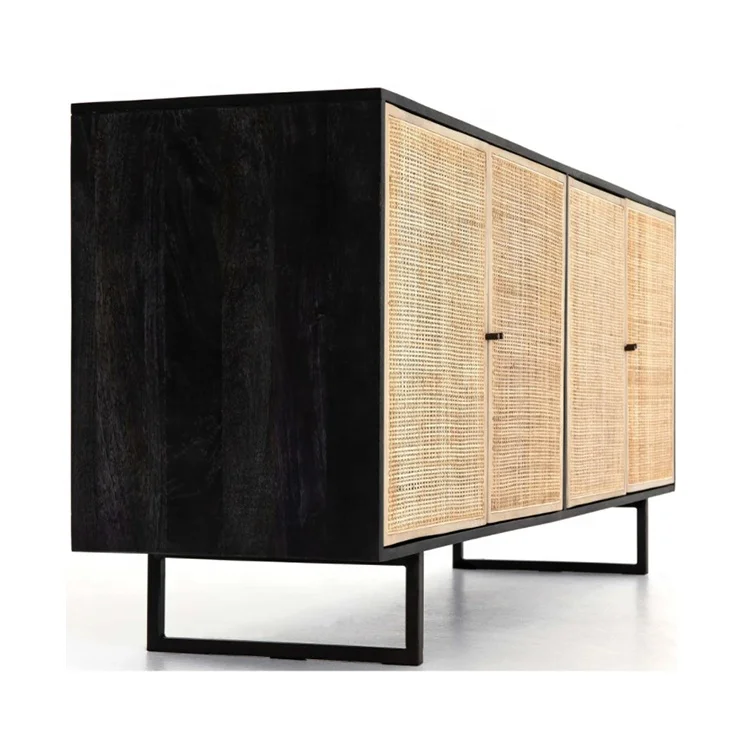 BELLEWORKS OEM ODM Rattan Storage Cabinet Kitchen Furniture Modern Black Metal Wood Rattan Sideboard