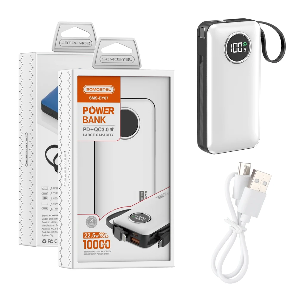 Somostel Новый мини-размер милый внешний аккумулятор 10000 мАч с светодиодным дисплеем 22,5 Вт быстрой зарядки с 2 кабелями + шнур