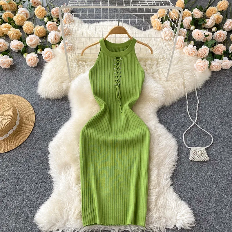 Wholesale Korean Sleeveless Party Club Dresses Bandage Pencil Bodycon Sexy Dress Crochet Knit Sweater Dress