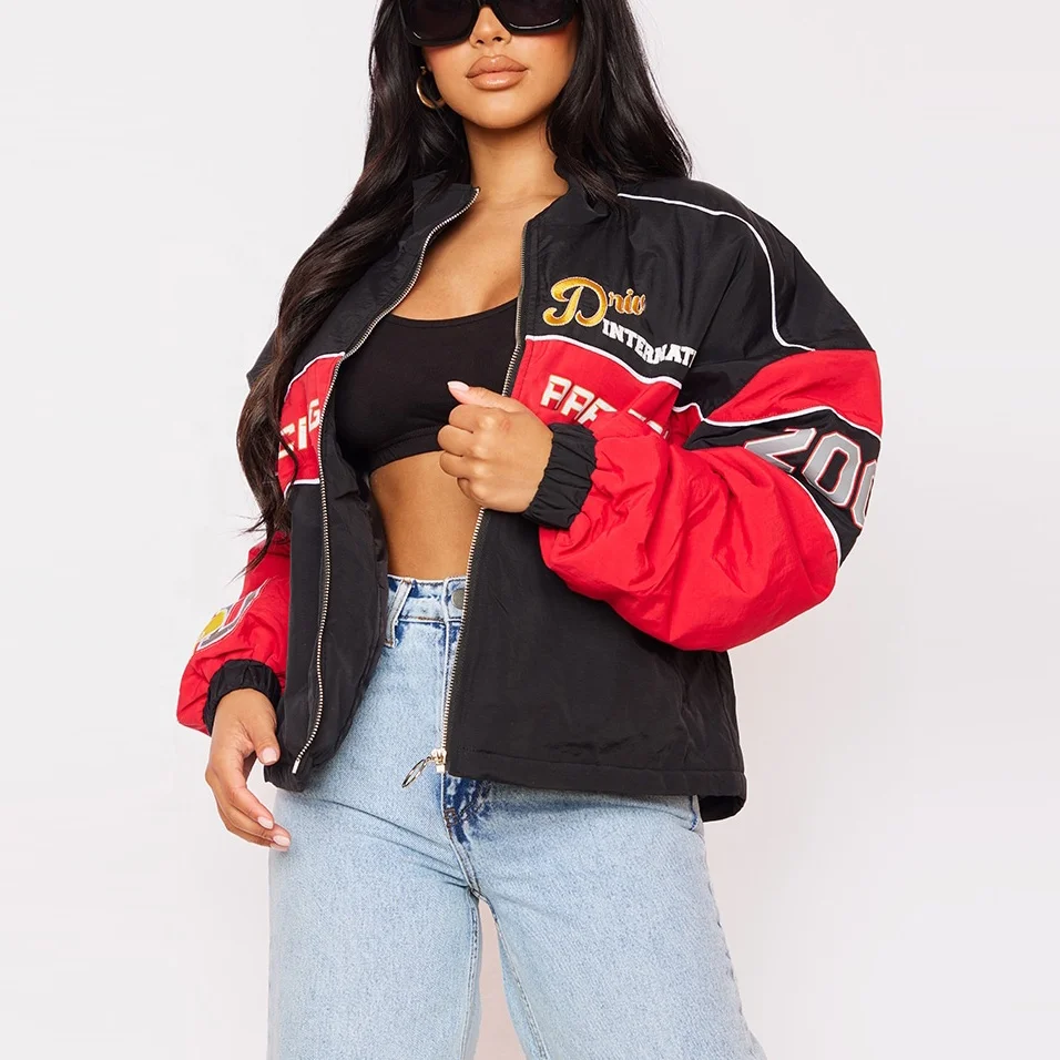 Custom Racing Jacket Women Streetwear Zipper Embroidery Custom Logo Motorcycle Plus Size Racing Varsity Jacket For Women