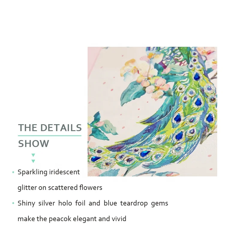 
Wholesale Custom Handmade Shiny Glitter, Elegant Peacock Thanke You Greeting Cards with Gems 