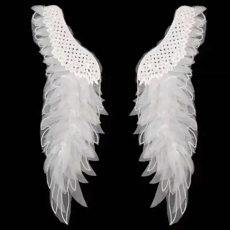 Clear Sequin Floral Embroidery Lace Applique Pair in  White , Angel Wing Patch for Veils, Dance Costumes