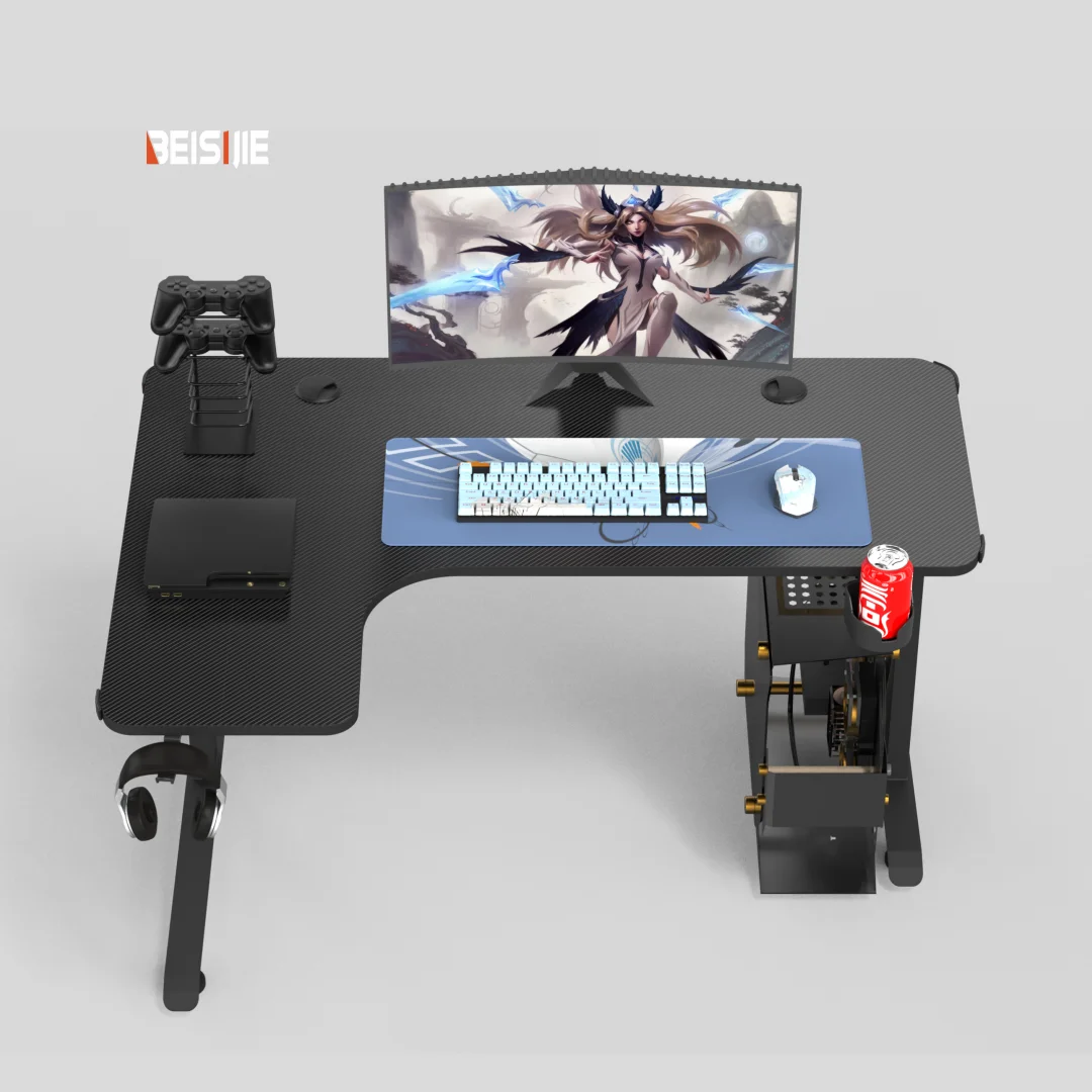 Современный L-образный игровой стол с динамическим освещением RGB и эргономичным дизайном поверхности из углеродного волокна модельный L-L