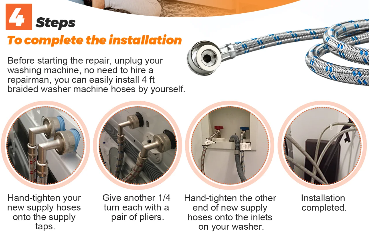 Standard 5 FT 6 FT Stainless Steel Washing Machine Inlet Hoses Hot and Cold Water Braided Hoses