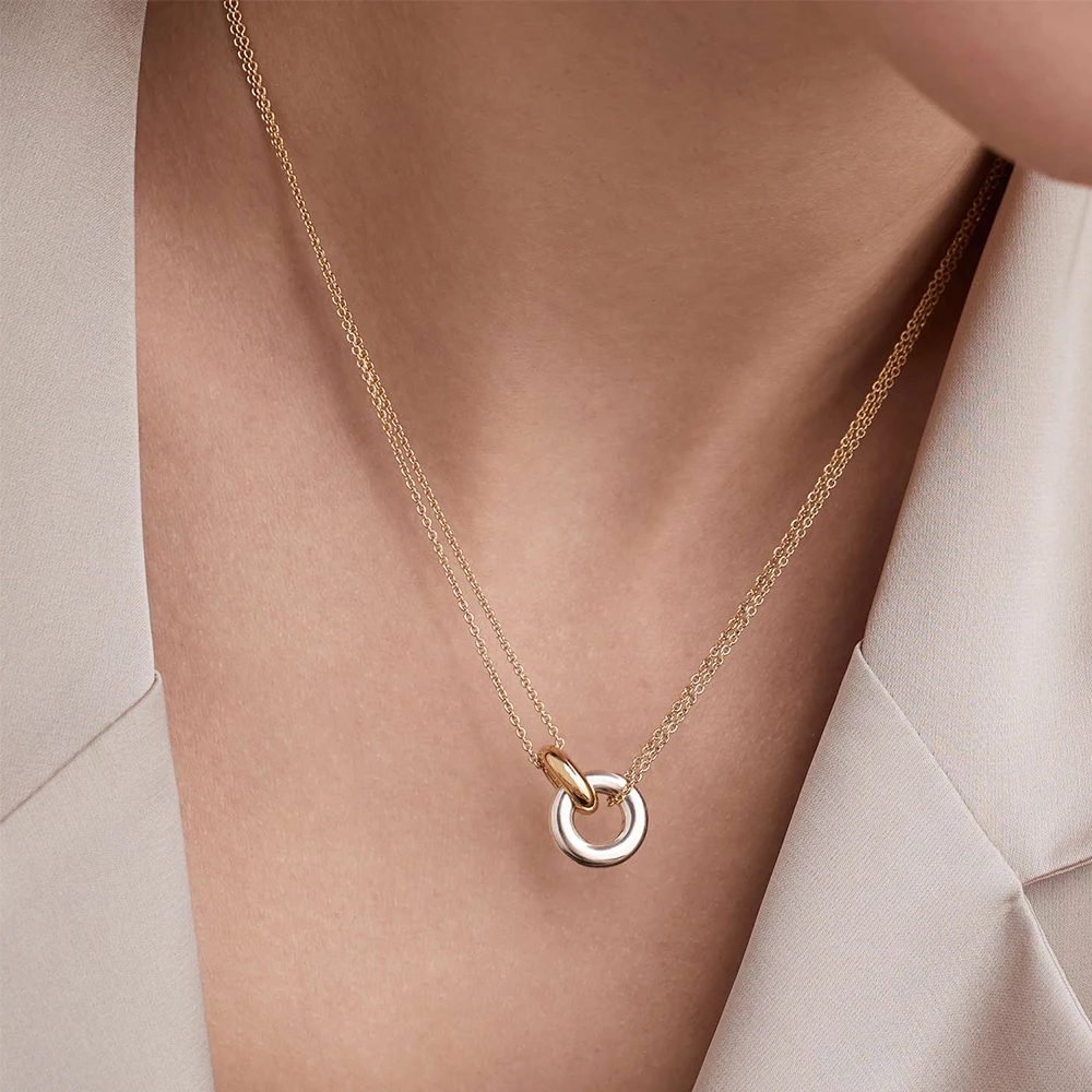 eManco INS Minimalist Double Circle Pendant Necklace Mixed Gold Silver Ring Pendant Necklace Stainless Steel Jewelry Wholesale