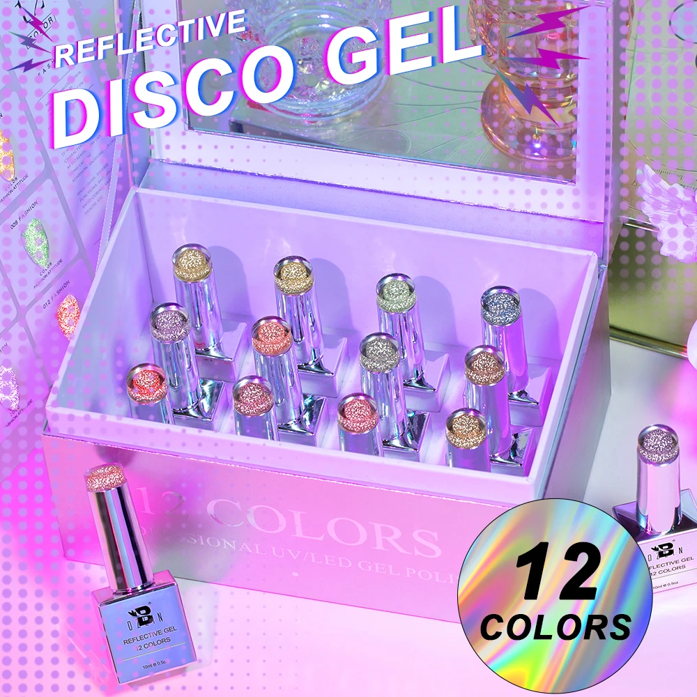 BOZLIN Free Sample 12 Colors Reflective Disco Gel OEM Manufacturer Diamond Glitter Disco Reflective Gel Nail Polish