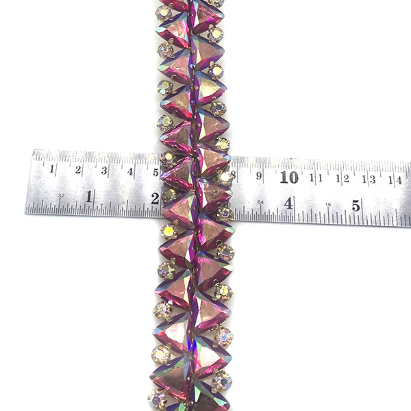 3cm wide Triangle Red AB resin rhinestone bling setting thin crystal sew on rhinestone chain trims for diy carnival garment