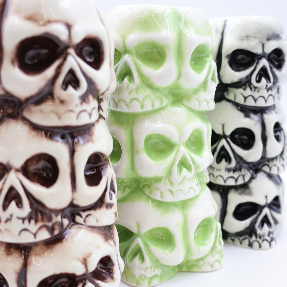 Custom color high grade wholesale Halloween barware skeleton themed creative ceramic stacked skulls tiki mug