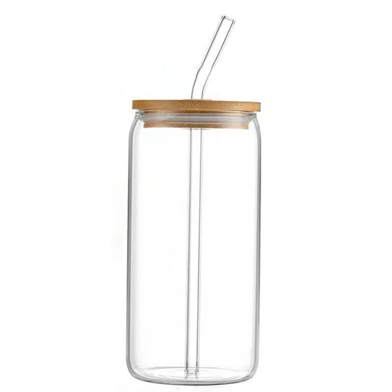 300ml 480ml iced glass coffee cup beer glass can with bamboo lid and straw