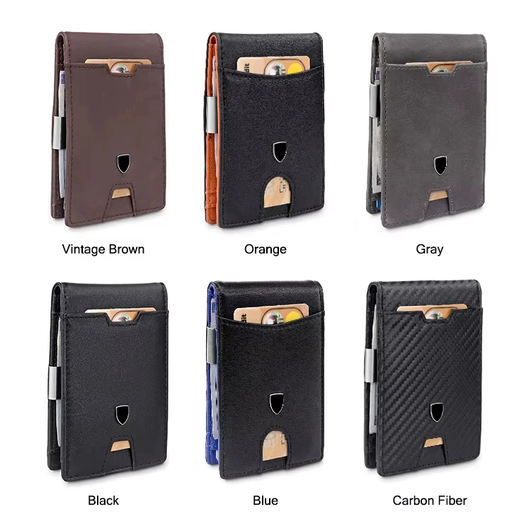 Factory Wholesale Slim Bifold Metal Money Clip Wallet RFID Blocking Carbon Fiber Leather Card Holder Wallet For Man