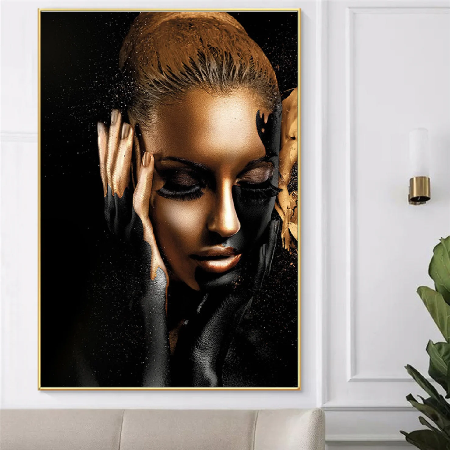 Gold African Woman Fashion Figure Canvas Painting Contemporary Printed Wall Art for SPA Decoration